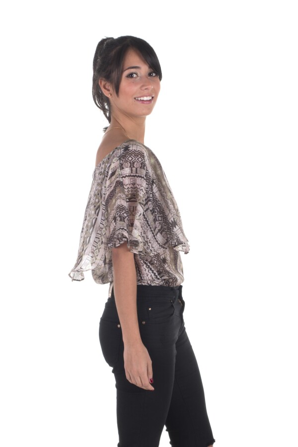 Volant Blouse 100% Silk with a Delicate Ethno Pattern - Olive Green - | Bizar_Cologne 